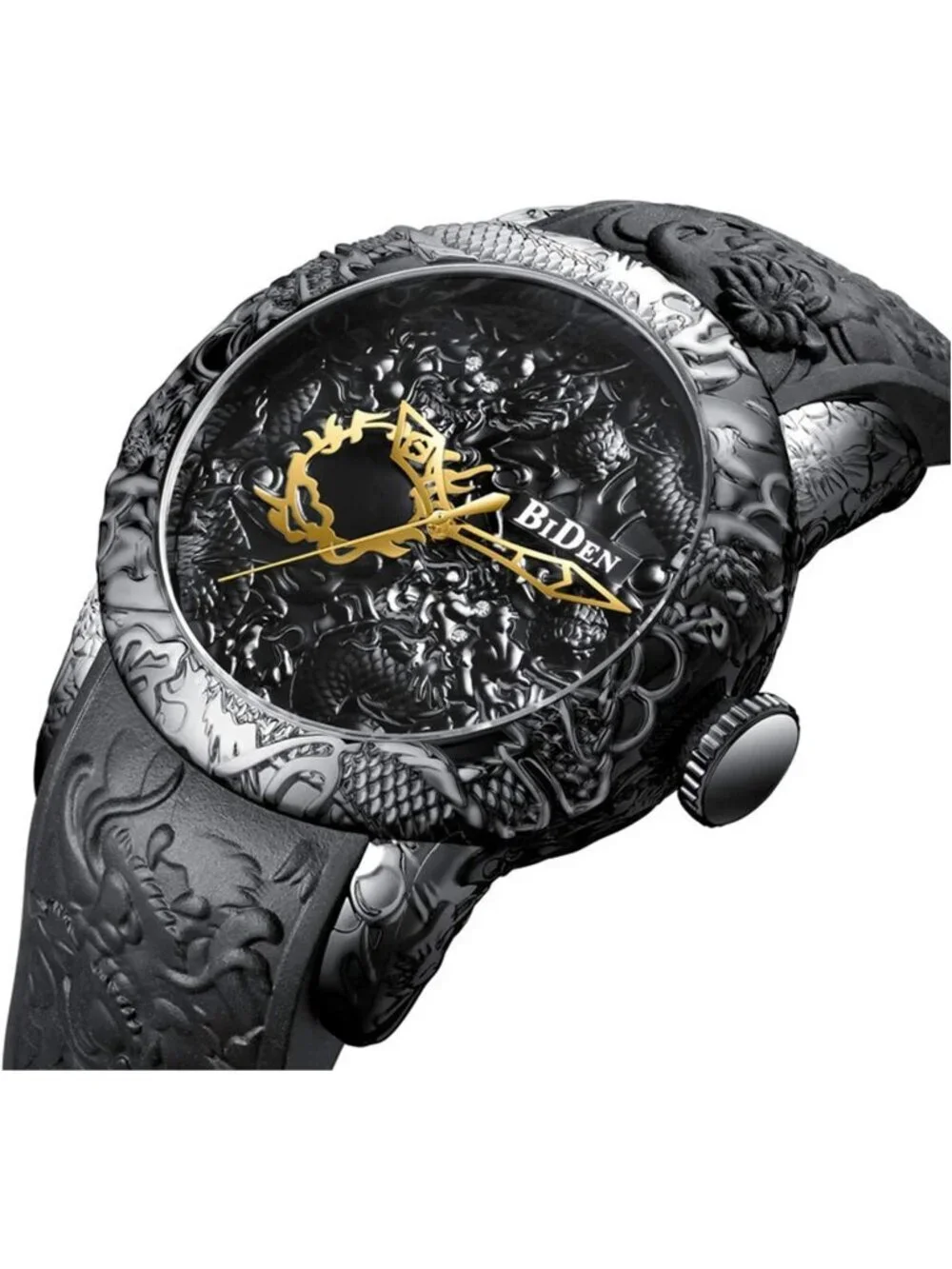 Men's Black Analog Quartz Big Dial 3D Sculpture Dragon Round Luxury Wrist Watch